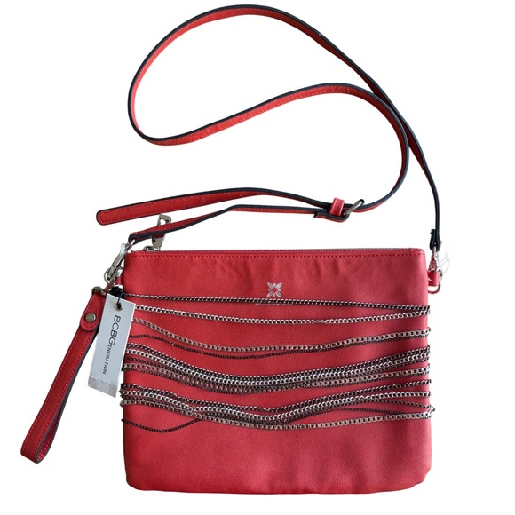 $88 NWT BCBGeneration Milena Clutch Cinnabar Red Crossbody Wristlet Bag w/Chains - Picture 1 of 9